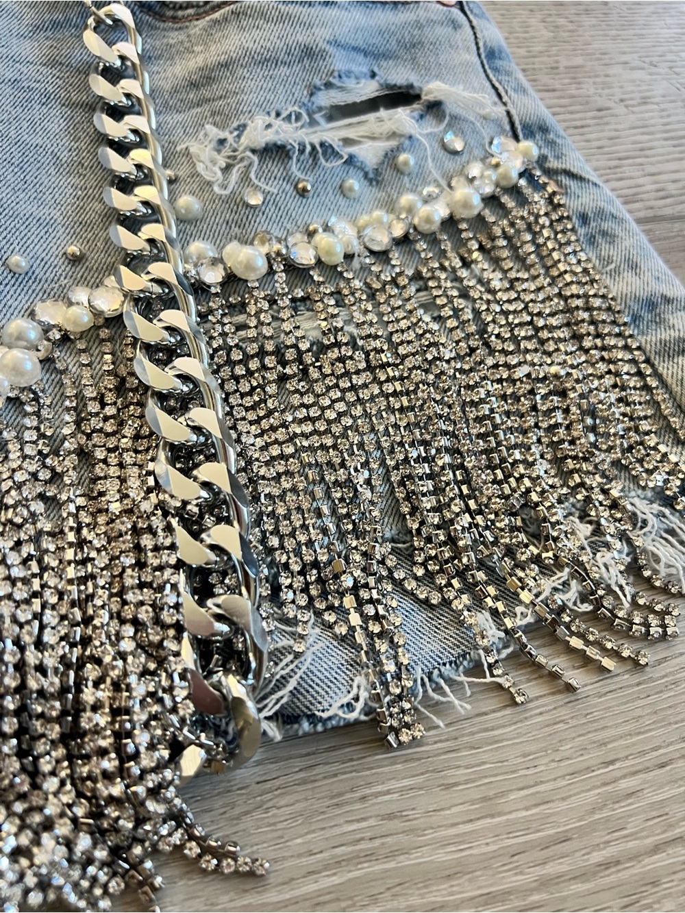 American Eagle Hand-Embellished Rhinestone Pearl Fringe Denim Festival Shorts - Picture 3 of 17